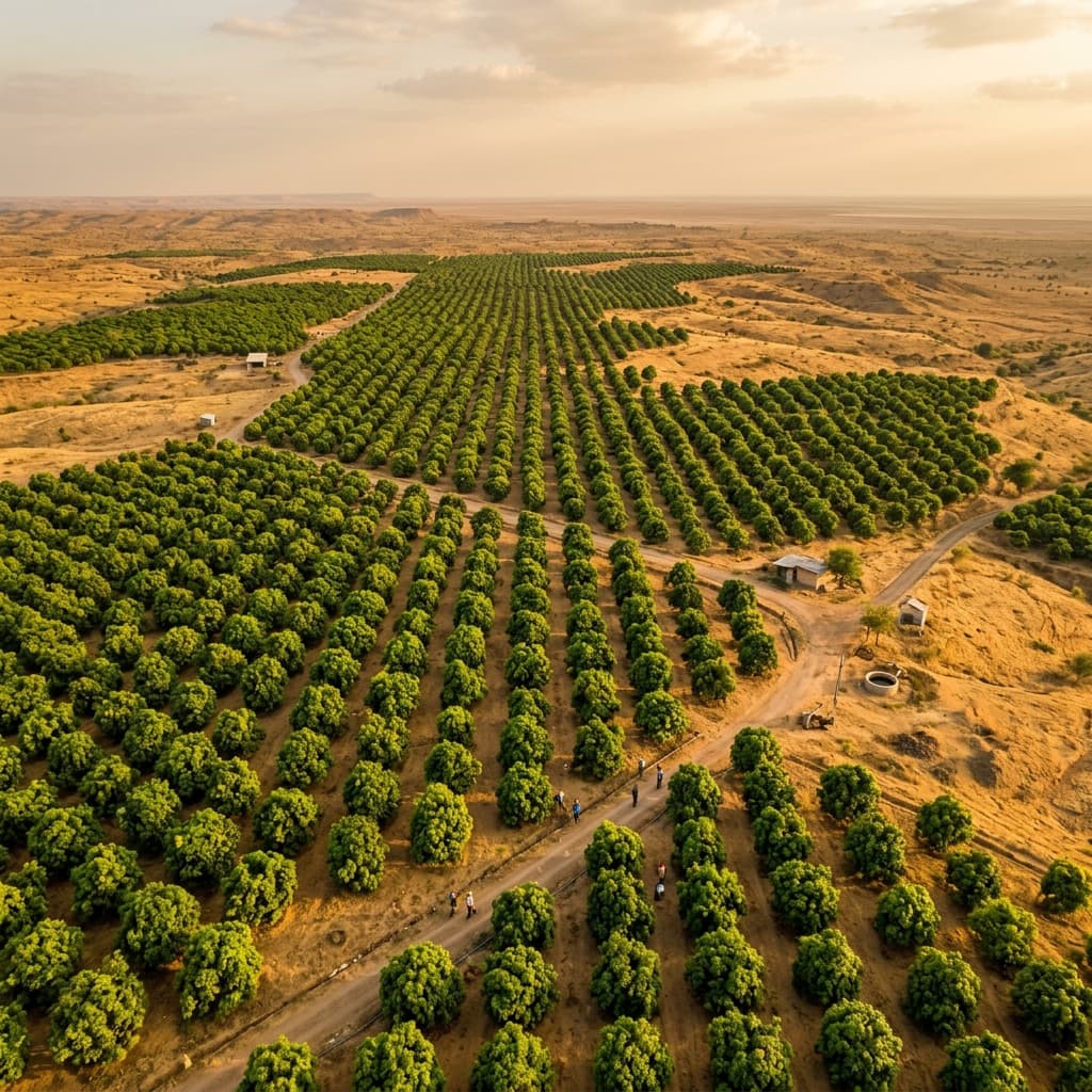 Vast mango orchards in the golden landscape of Kutch, Gujarat